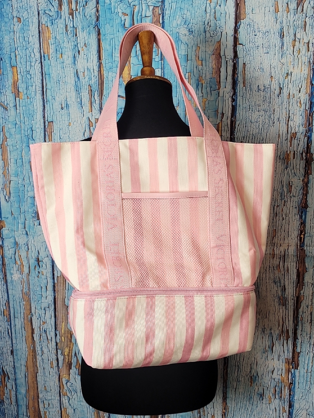 Victorias Secret Pink Striped Canvas Tote Bag with Insulated Base